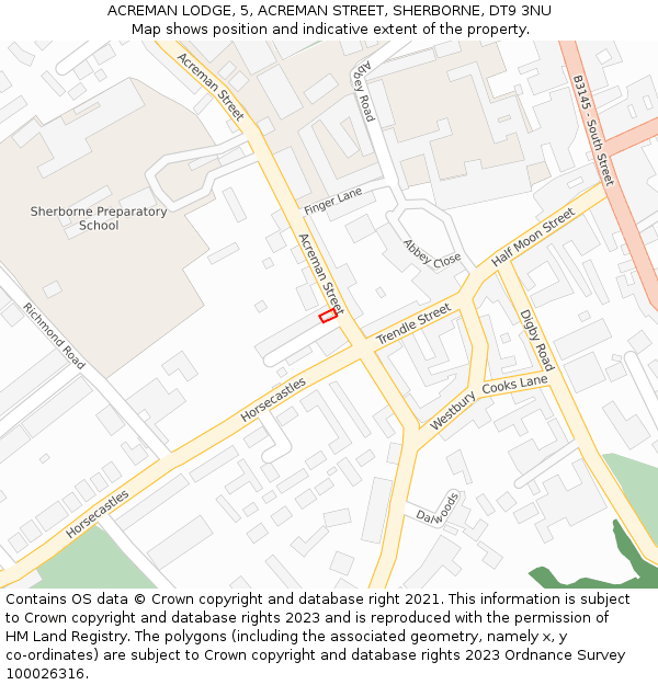 ACREMAN LODGE, 5, ACREMAN STREET, SHERBORNE, DT9 3NU: Location map and indicative extent of plot