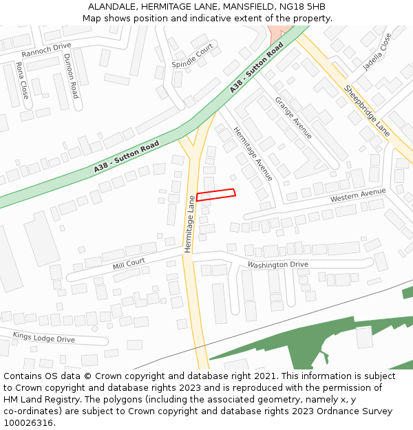 ALANDALE, HERMITAGE LANE, MANSFIELD, NG18 5HB: Location map and indicative extent of plot