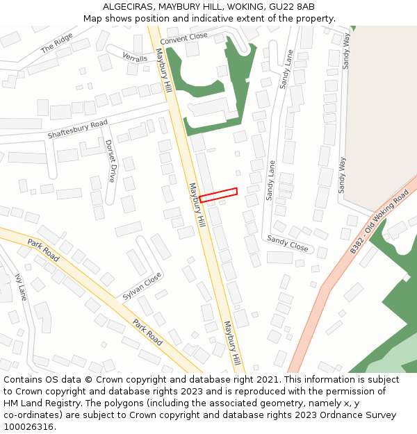 ALGECIRAS, MAYBURY HILL, WOKING, GU22 8AB: Location map and indicative extent of plot