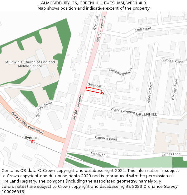 ALMONDBURY, 36, GREENHILL, EVESHAM, WR11 4LR: Location map and indicative extent of plot
