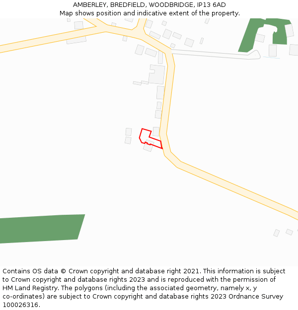 AMBERLEY, BREDFIELD, WOODBRIDGE, IP13 6AD: Location map and indicative extent of plot