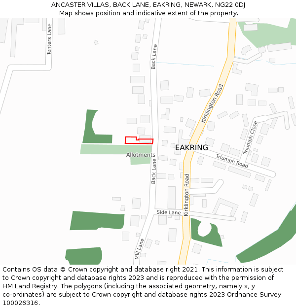 ANCASTER VILLAS, BACK LANE, EAKRING, NEWARK, NG22 0DJ: Location map and indicative extent of plot