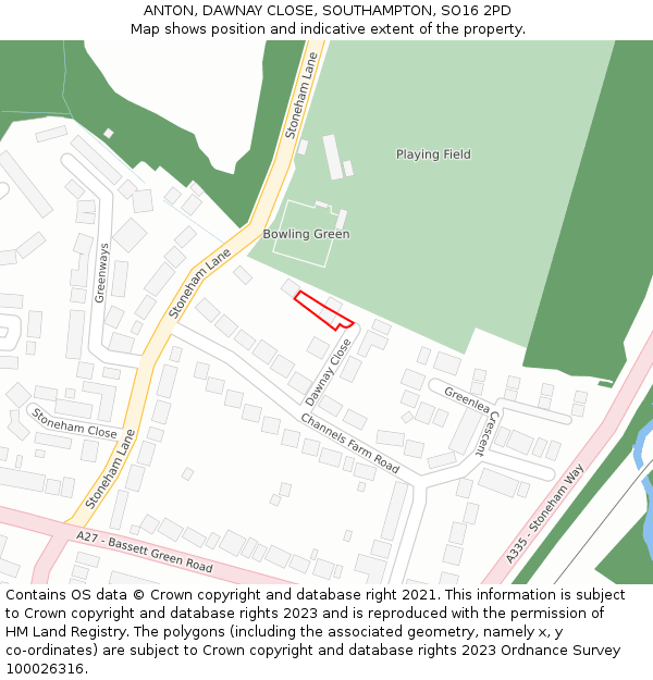 ANTON, DAWNAY CLOSE, SOUTHAMPTON, SO16 2PD: Location map and indicative extent of plot