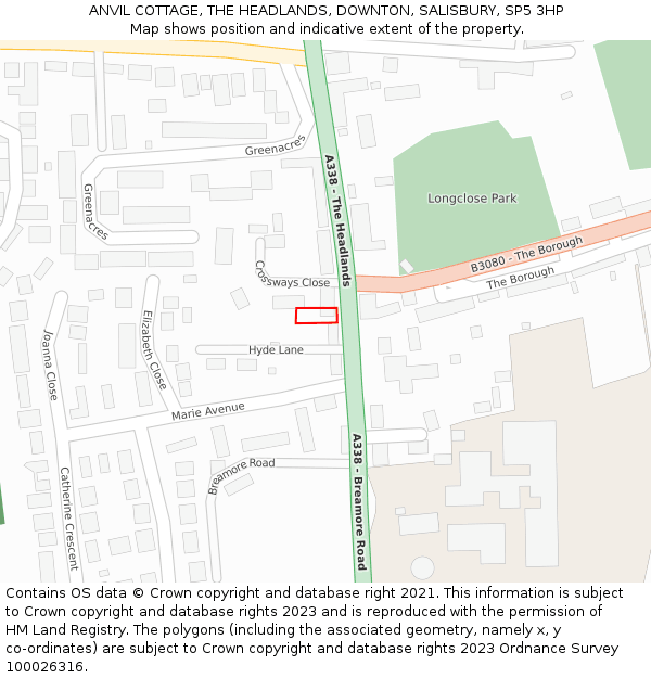 ANVIL COTTAGE, THE HEADLANDS, DOWNTON, SALISBURY, SP5 3HP: Location map and indicative extent of plot