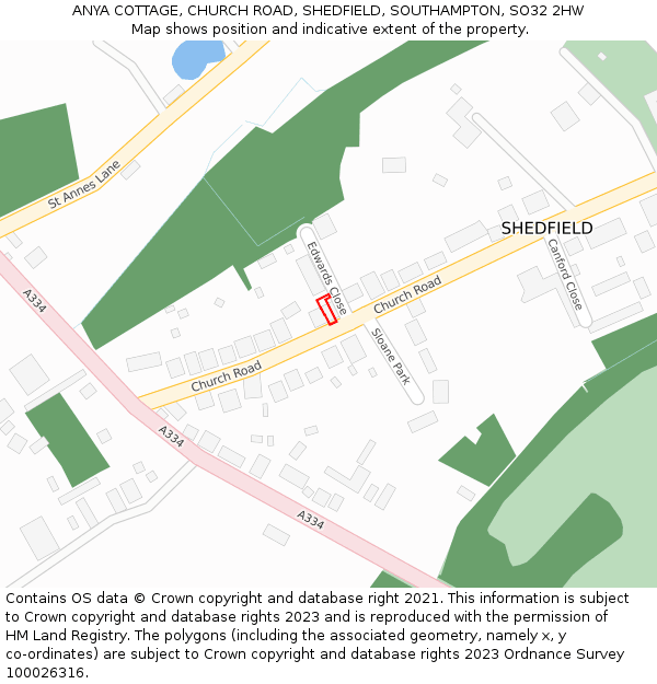 ANYA COTTAGE, CHURCH ROAD, SHEDFIELD, SOUTHAMPTON, SO32 2HW: Location map and indicative extent of plot