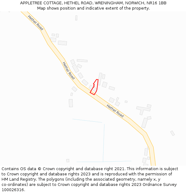APPLETREE COTTAGE, HETHEL ROAD, WRENINGHAM, NORWICH, NR16 1BB: Location map and indicative extent of plot
