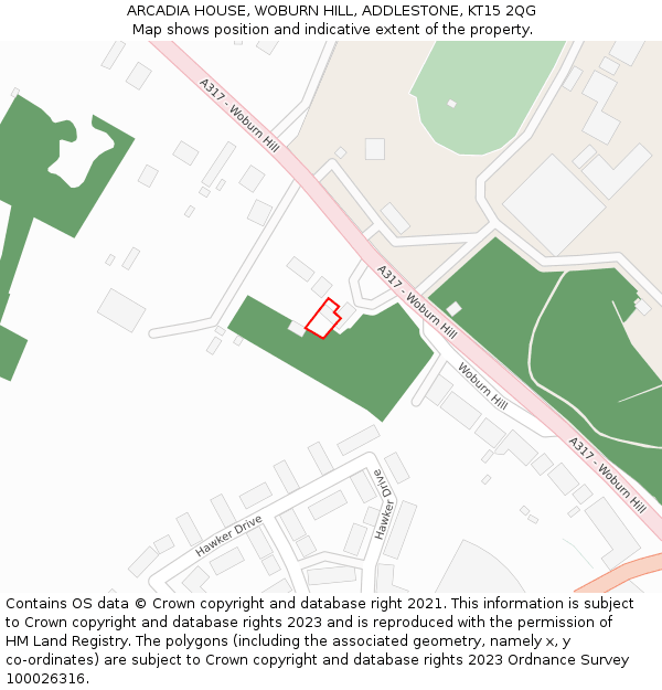 ARCADIA HOUSE, WOBURN HILL, ADDLESTONE, KT15 2QG: Location map and indicative extent of plot