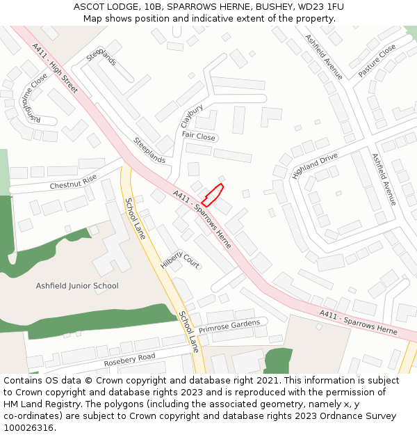 ASCOT LODGE, 10B, SPARROWS HERNE, BUSHEY, WD23 1FU: Location map and indicative extent of plot