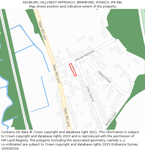 ASHBURN, HILLCREST APPROACH, BRAMFORD, IPSWICH, IP8 4BL: Location map and indicative extent of plot