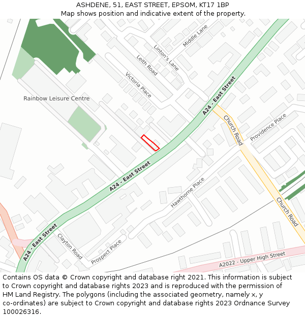 ASHDENE, 51, EAST STREET, EPSOM, KT17 1BP: Location map and indicative extent of plot