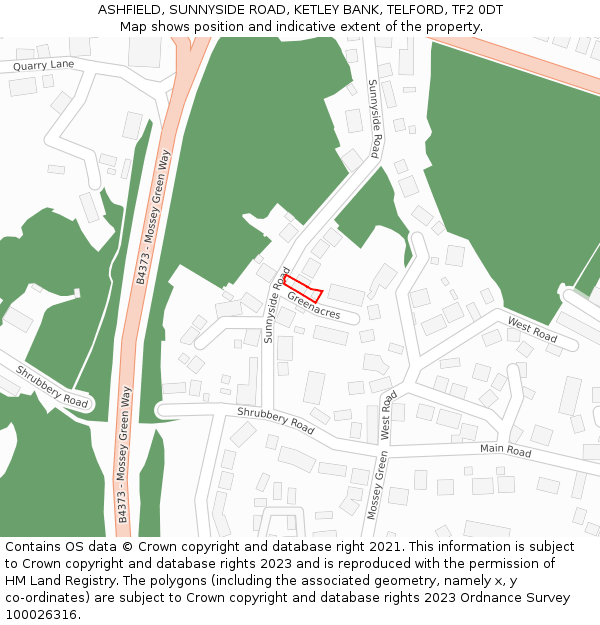 ASHFIELD, SUNNYSIDE ROAD, KETLEY BANK, TELFORD, TF2 0DT: Location map and indicative extent of plot