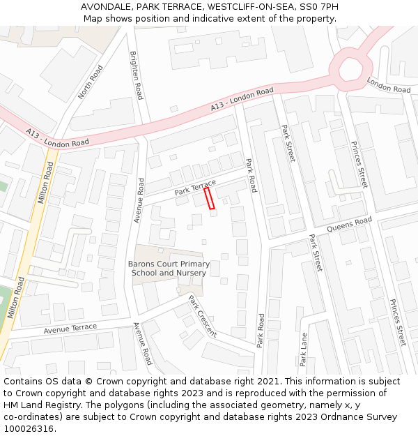 AVONDALE, PARK TERRACE, WESTCLIFF-ON-SEA, SS0 7PH: Location map and indicative extent of plot
