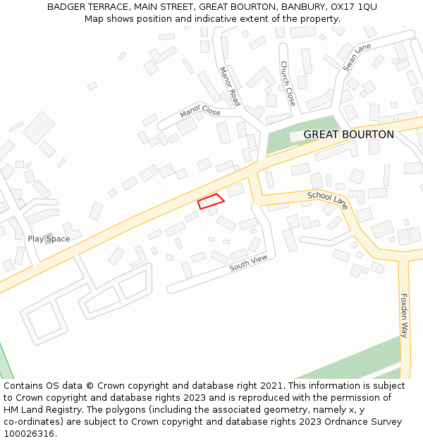 BADGER TERRACE, MAIN STREET, GREAT BOURTON, BANBURY, OX17 1QU: Location map and indicative extent of plot