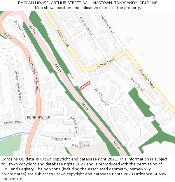 BAGLAN HOUSE, ARTHUR STREET, WILLIAMSTOWN, TONYPANDY, CF40 1NE: Location map and indicative extent of plot