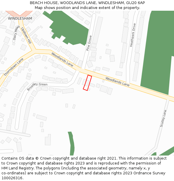 BEACH HOUSE, WOODLANDS LANE, WINDLESHAM, GU20 6AP: Location map and indicative extent of plot