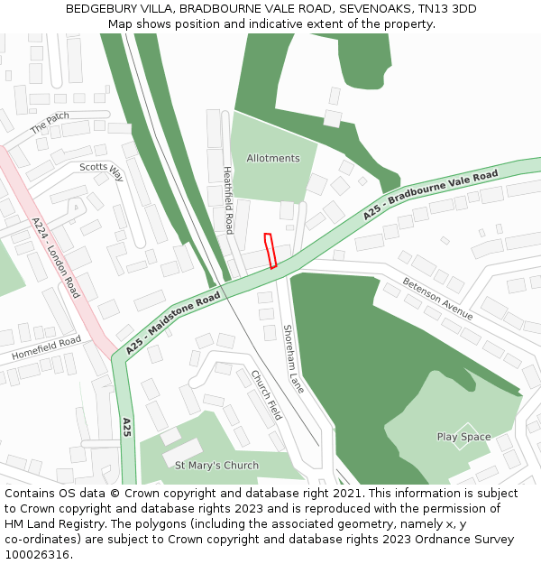 BEDGEBURY VILLA, BRADBOURNE VALE ROAD, SEVENOAKS, TN13 3DD: Location map and indicative extent of plot