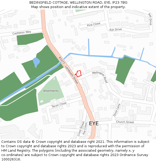 BEDINGFIELD COTTAGE, WELLINGTON ROAD, EYE, IP23 7BG: Location map and indicative extent of plot