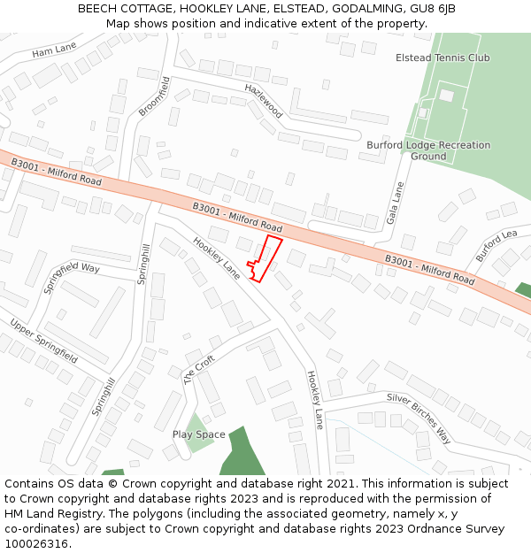 BEECH COTTAGE, HOOKLEY LANE, ELSTEAD, GODALMING, GU8 6JB: Location map and indicative extent of plot