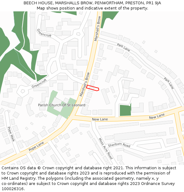 BEECH HOUSE, MARSHALLS BROW, PENWORTHAM, PRESTON, PR1 9JA: Location map and indicative extent of plot