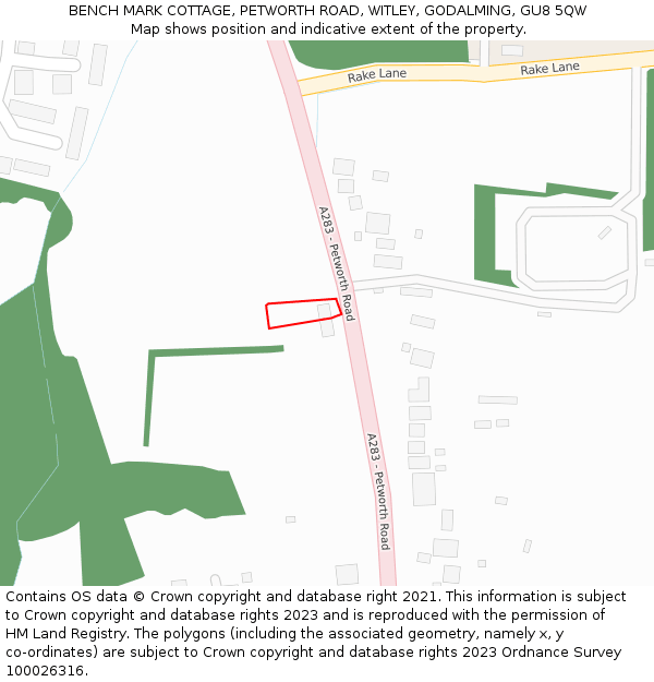 BENCH MARK COTTAGE, PETWORTH ROAD, WITLEY, GODALMING, GU8 5QW: Location map and indicative extent of plot