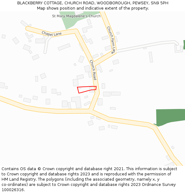 BLACKBERRY COTTAGE, CHURCH ROAD, WOODBOROUGH, PEWSEY, SN9 5PH: Location map and indicative extent of plot