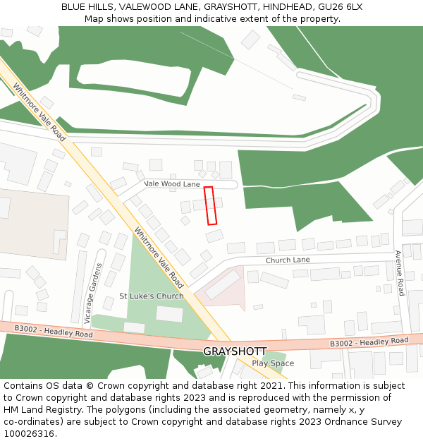 BLUE HILLS, VALEWOOD LANE, GRAYSHOTT, HINDHEAD, GU26 6LX: Location map and indicative extent of plot