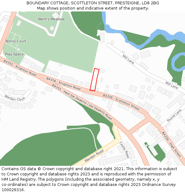 BOUNDARY COTTAGE, SCOTTLETON STREET, PRESTEIGNE, LD8 2BG: Location map and indicative extent of plot