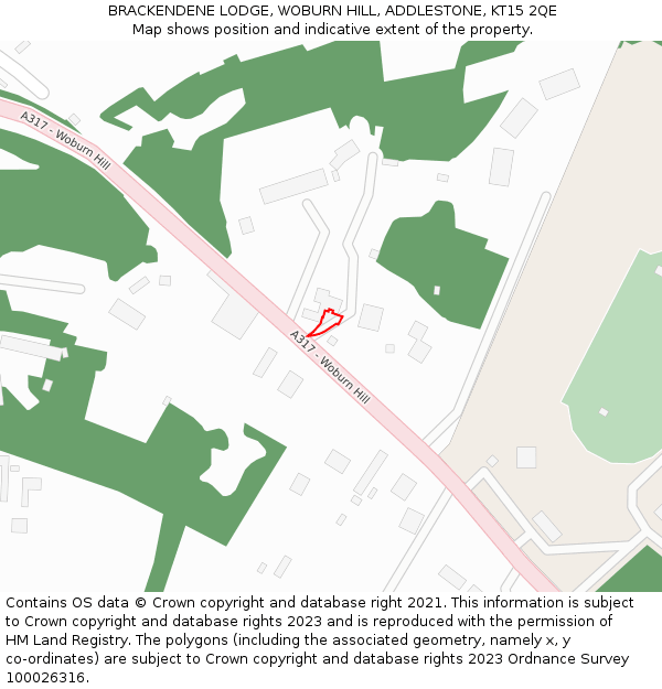 BRACKENDENE LODGE, WOBURN HILL, ADDLESTONE, KT15 2QE: Location map and indicative extent of plot