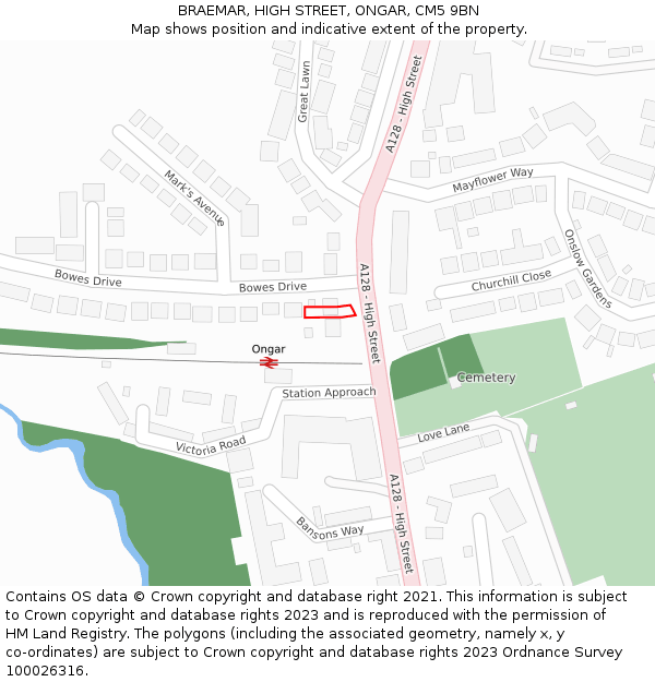 BRAEMAR, HIGH STREET, ONGAR, CM5 9BN: Location map and indicative extent of plot