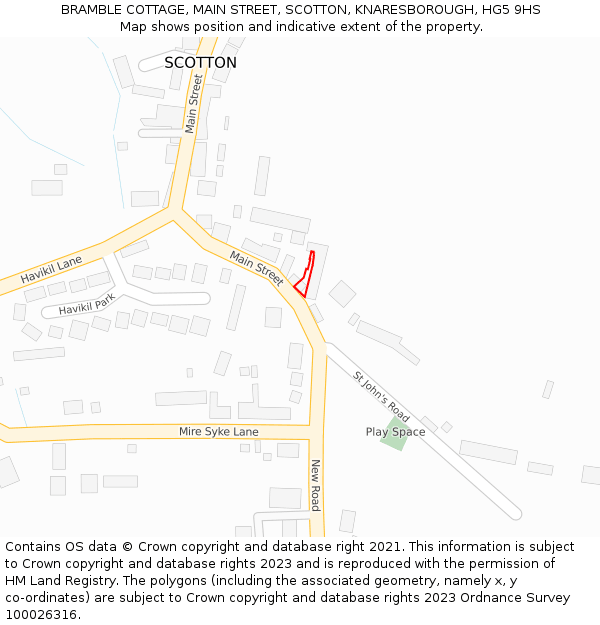 BRAMBLE COTTAGE, MAIN STREET, SCOTTON, KNARESBOROUGH, HG5 9HS: Location map and indicative extent of plot