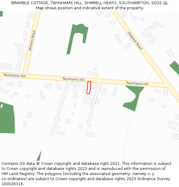 BRAMBLE COTTAGE, TWYNHAMS HILL, SHIRRELL HEATH, SOUTHAMPTON, SO32 2JL: Location map and indicative extent of plot