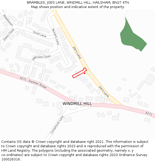BRAMBLES, JOES LANE, WINDMILL HILL, HAILSHAM, BN27 4TN: Location map and indicative extent of plot
