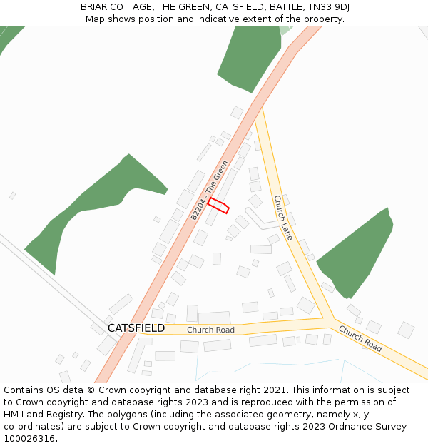BRIAR COTTAGE, THE GREEN, CATSFIELD, BATTLE, TN33 9DJ: Location map and indicative extent of plot