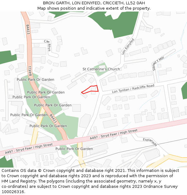 BRON GARTH, LON EDNYFED, CRICCIETH, LL52 0AH: Location map and indicative extent of plot