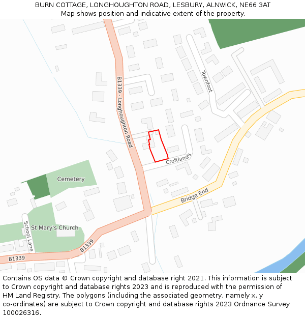 BURN COTTAGE, LONGHOUGHTON ROAD, LESBURY, ALNWICK, NE66 3AT: Location map and indicative extent of plot