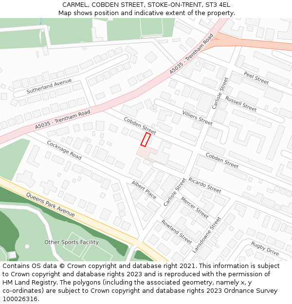 CARMEL, COBDEN STREET, STOKE-ON-TRENT, ST3 4EL: Location map and indicative extent of plot