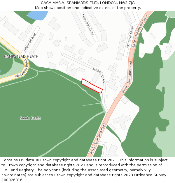 CASA MARIA, SPANIARDS END, LONDON, NW3 7JG: Location map and indicative extent of plot