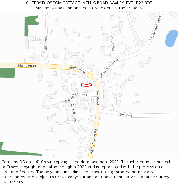 CHERRY BLOSSOM COTTAGE, MELLIS ROAD, YAXLEY, EYE, IP23 8DB: Location map and indicative extent of plot