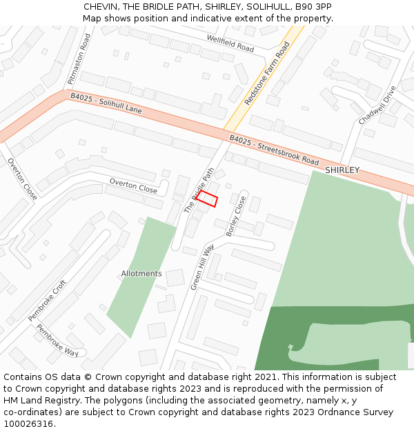 CHEVIN, THE BRIDLE PATH, SHIRLEY, SOLIHULL, B90 3PP: Location map and indicative extent of plot