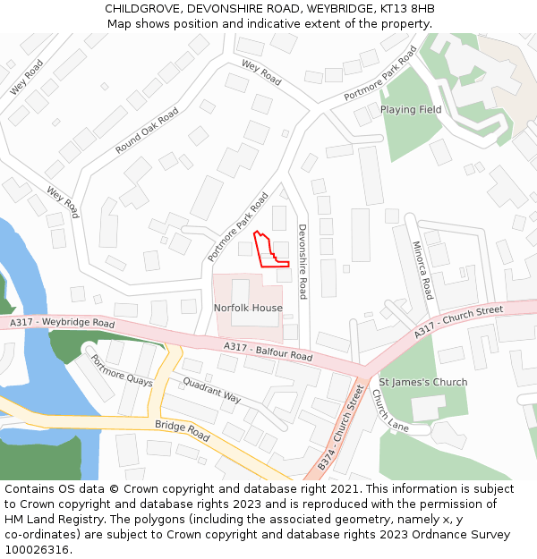 CHILDGROVE, DEVONSHIRE ROAD, WEYBRIDGE, KT13 8HB: Location map and indicative extent of plot