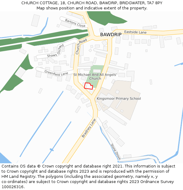 CHURCH COTTAGE, 18, CHURCH ROAD, BAWDRIP, BRIDGWATER, TA7 8PY: Location map and indicative extent of plot