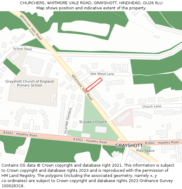 CHURCHERS, WHITMORE VALE ROAD, GRAYSHOTT, HINDHEAD, GU26 6LU: Location map and indicative extent of plot