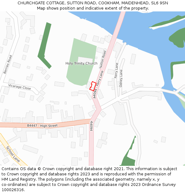 CHURCHGATE COTTAGE, SUTTON ROAD, COOKHAM, MAIDENHEAD, SL6 9SN: Location map and indicative extent of plot
