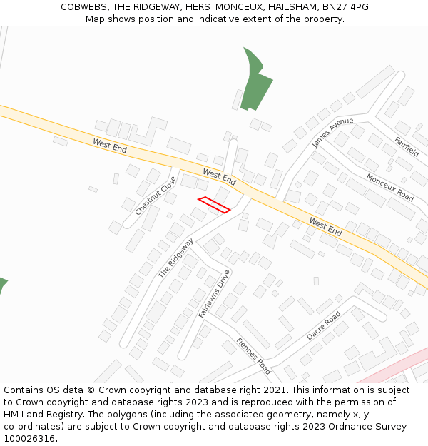 COBWEBS, THE RIDGEWAY, HERSTMONCEUX, HAILSHAM, BN27 4PG: Location map and indicative extent of plot