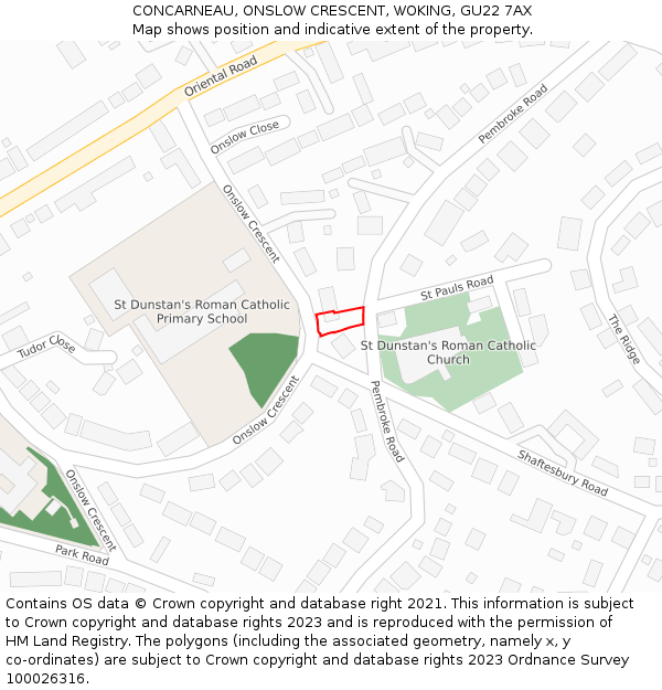 CONCARNEAU, ONSLOW CRESCENT, WOKING, GU22 7AX: Location map and indicative extent of plot