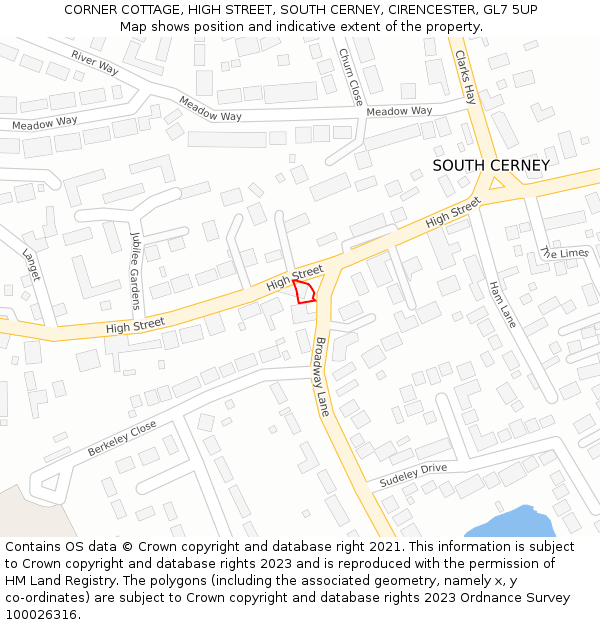 CORNER COTTAGE, HIGH STREET, SOUTH CERNEY, CIRENCESTER, GL7 5UP: Location map and indicative extent of plot
