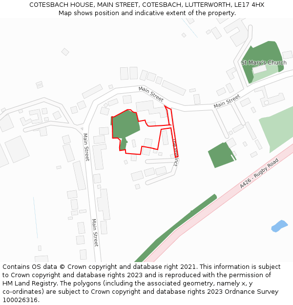 COTESBACH HOUSE, MAIN STREET, COTESBACH, LUTTERWORTH, LE17 4HX: Location map and indicative extent of plot
