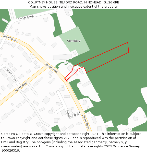 COURTNEY HOUSE, TILFORD ROAD, HINDHEAD, GU26 6RB: Location map and indicative extent of plot