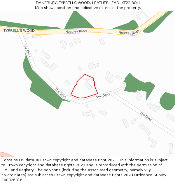 DANEBURY, TYRRELLS WOOD, LEATHERHEAD, KT22 8QH: Location map and indicative extent of plot