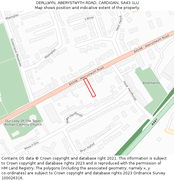 DERLLWYN, ABERYSTWYTH ROAD, CARDIGAN, SA43 1LU: Location map and indicative extent of plot